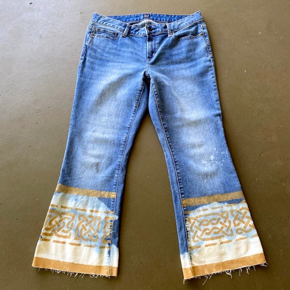 Bohemian Upcycled Artisan Jeans Handpainted Aztec Distressed Denim - Picture 17 of 17